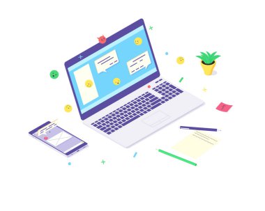 Isometric laptop teknolojisi konsepti akıllı telefon internet sosyal medya sohbet iletişim ikonu düz vektör illüstrasyonu