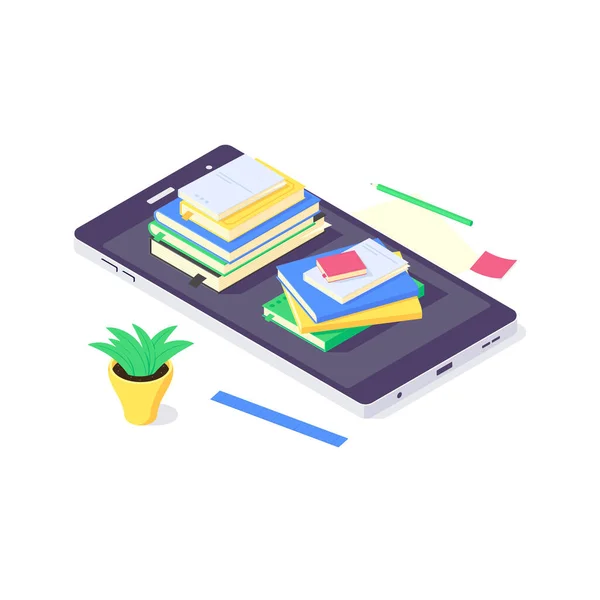 Isometrische boekonderwijs online studie kennis ontwerp web learning en boeken web bibliotheek vector illustratie — Stockvector