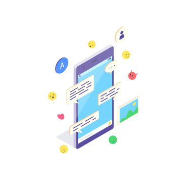 Isometric mobil sosyal medya sohbet uygulaması. Ağ iletişimi için mesaj, emoji ve baloncuk içeren telefon uygulaması