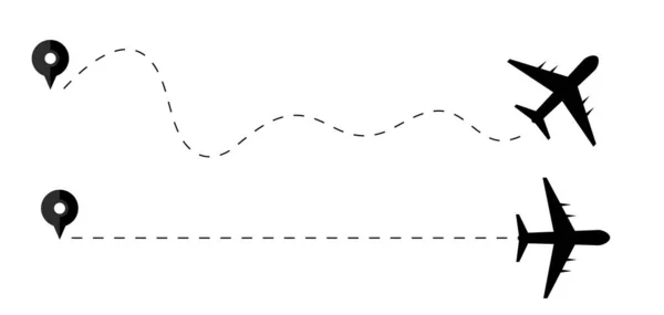 Trajectoire vol voyage avion voyage et avions silhouette, avion volant symbole de voyage illustration vectorielle — Image vectorielle