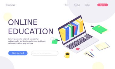 Isometric online eğitim web şablonu, bilgisayar öğrenimi ve kitap kütüphanesi düz tasarım vektör çizimi