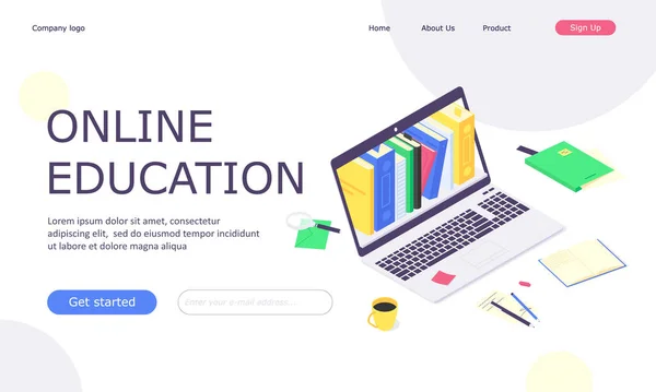 온라인 교육 웹 템플릿, 컴퓨터 학습, 책 도서관 플랫 디자인 벡터 일러스트 — 스톡 벡터
