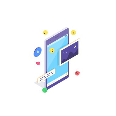 Isometric mobil sosyal medya sohbet uygulaması. Ağ konuşması için ileti, emoji ve baloncuk içeren telefon uygulaması