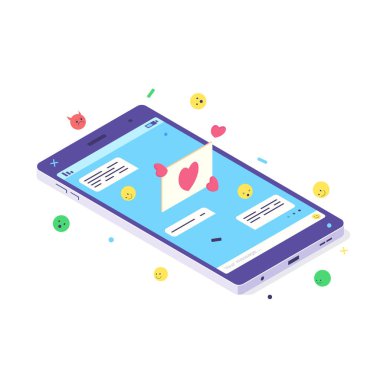 Isometric mobil sosyal medya sohbet uygulaması. Dijital iletişim için mesaj, emoji ve baloncuk içeren telefon uygulaması. Kabarcıklı akıllı telefon ve bin yıllık konuşma düz vektör illüstrasyonu gibi