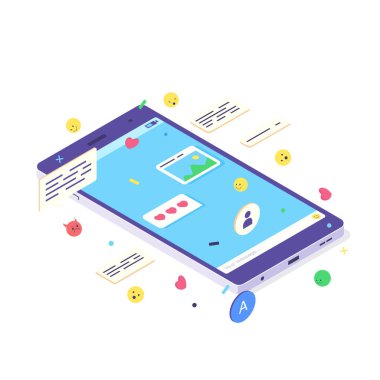 Isometric mobil sosyal medya sohbet uygulaması. Ağ iletişimi için mesaj, emoji ve baloncuk içeren telefon uygulaması