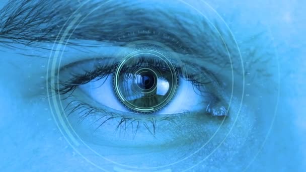 K lidskému oku se blíží futuristický systém vidění. Řízení a ochrana osob, kontrola a bezpečnost v technologii přístupu. Koncepce vize a kontroly a ochrany.