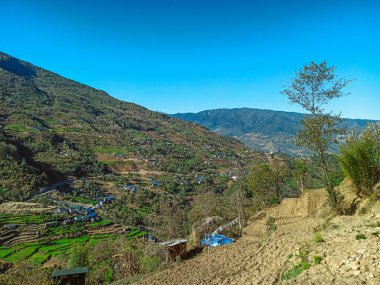 Himalaya, Nepal 'deki Everest Saha Kampı' nda güzel Khumbu vadisi manzarası. Himalaya manzarası ve dağ manzarası.