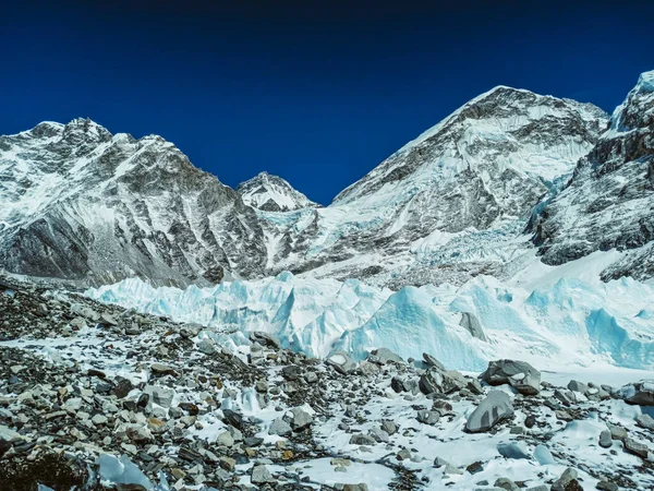 Beautifull Khumbu glacier ice and mountains landscape at the Everest Base Camp trek in the Himalaya, Nepal. Himalaya landscape and mountain views.