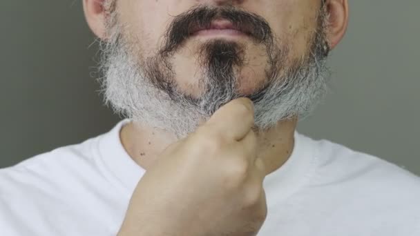 Közelkép egy férfiról, aki a szürke szakállát vakarja és simogatja. Szorítsa össze az ajkait és az állát. Felnőtt fehér férfi simogatja a borotválatlan arcát.
