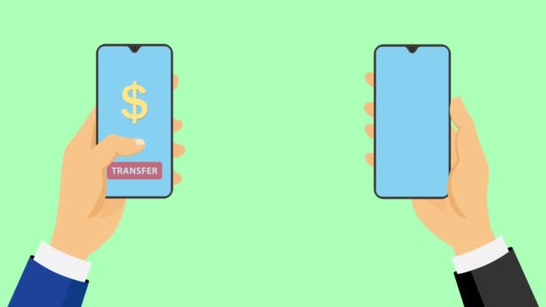 Online platba nebo převod Dolarů s mobilní aplikací. Ručně klikněte na tlačítko přenosu na ploché obrazovce smartphonu. Animace chytrého bankovnictví, business a mobilních konceptů. zelené pozadí.
