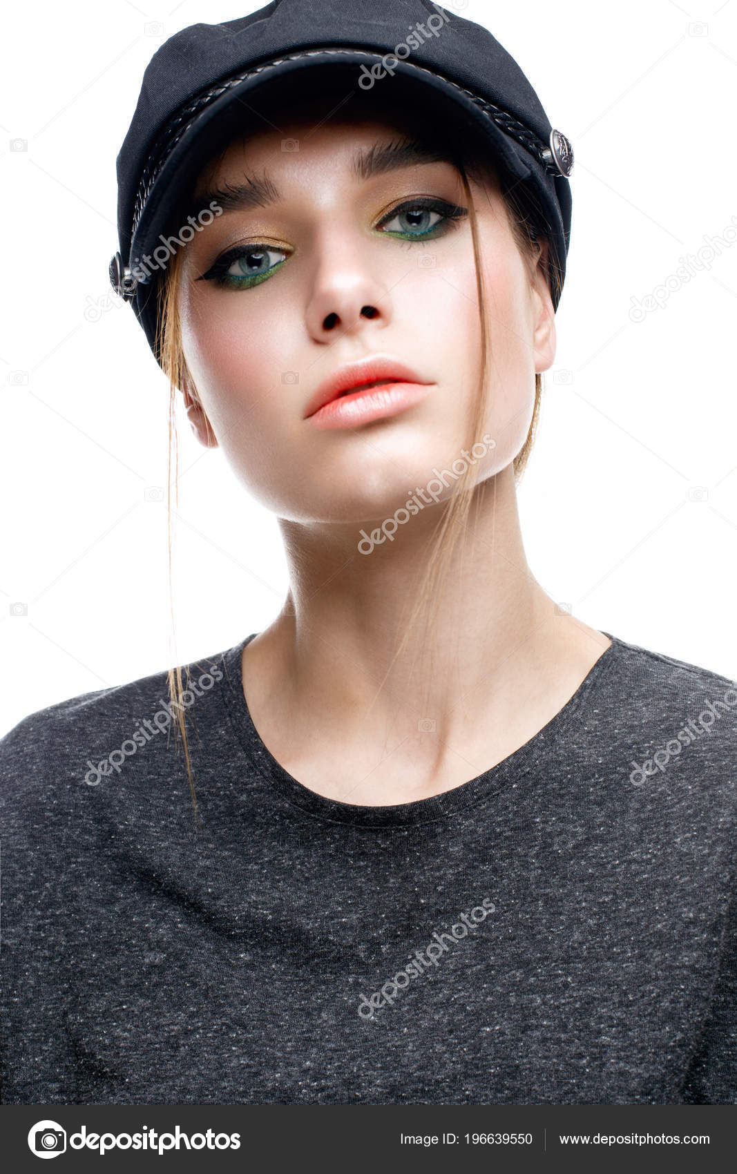 Young Girl Cap Her Head Shirt Beautiful Model Gentle Shining Stock