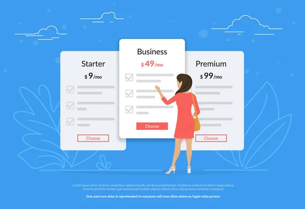 Оберіть ваш план підписки або оплати. Молода жінка стоїть біля панелей цін — стоковий вектор