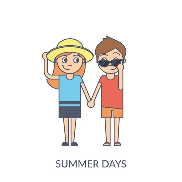 Summer Couple Cartoon Flat Vector Illustration Young Girl Boy Holding — Stock Vector