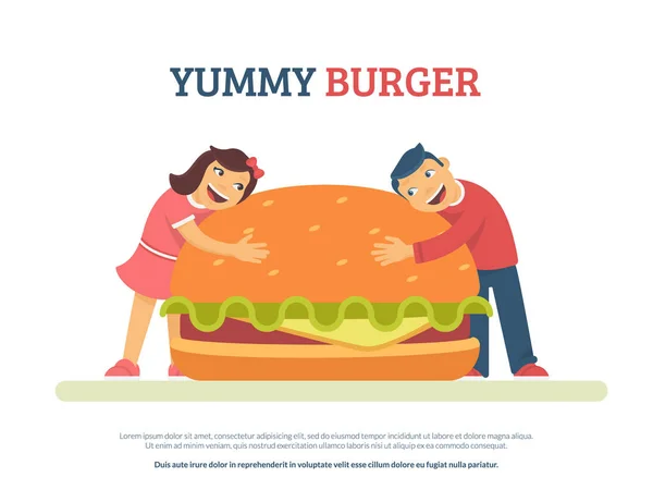 Yummy burger concept flat vector illustration of funny boy lovel — Stock Vector