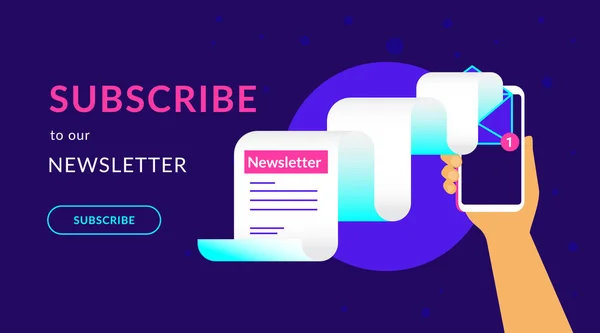 Abonnez-vous à notre newsletter hebdomadaire vecteur plat illustration au néon pour ui ux web design — Image vectorielle