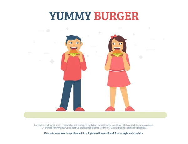 Leckere Burger-Konzept flache Vektor-Illustration von lustigen Jungen und Mädchen, die Burger essen — Stockvektor