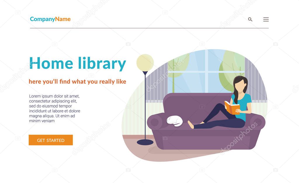 Woman sitting at home on the sofa and reading a book. Flat conce