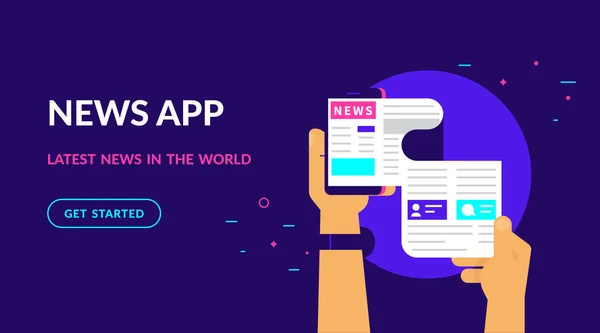 Mänsklig hand håller smartphone och läsa dagstidning med smartphone-mobilappen — Stock vektor