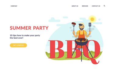 Arka bahçede barbekü partisi. Düz kavramı vektör web sitesi şablonu ve açılış sayfası tasarımı gülümseyen adam Biftek Barbekü açık havada yemek. Komik hipster arkadaşları için barbekü yemek harfler ile ayakta