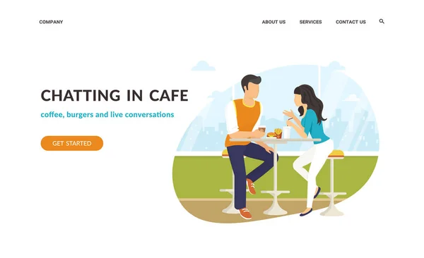 Couple assis dans le café, flirtant et bavardant ensemble — Image vectorielle