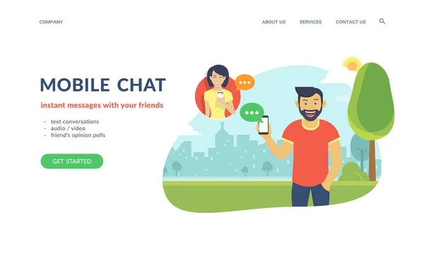 Šťastný chlap je chatování s přáteli přes messenger app — Stockový vektor