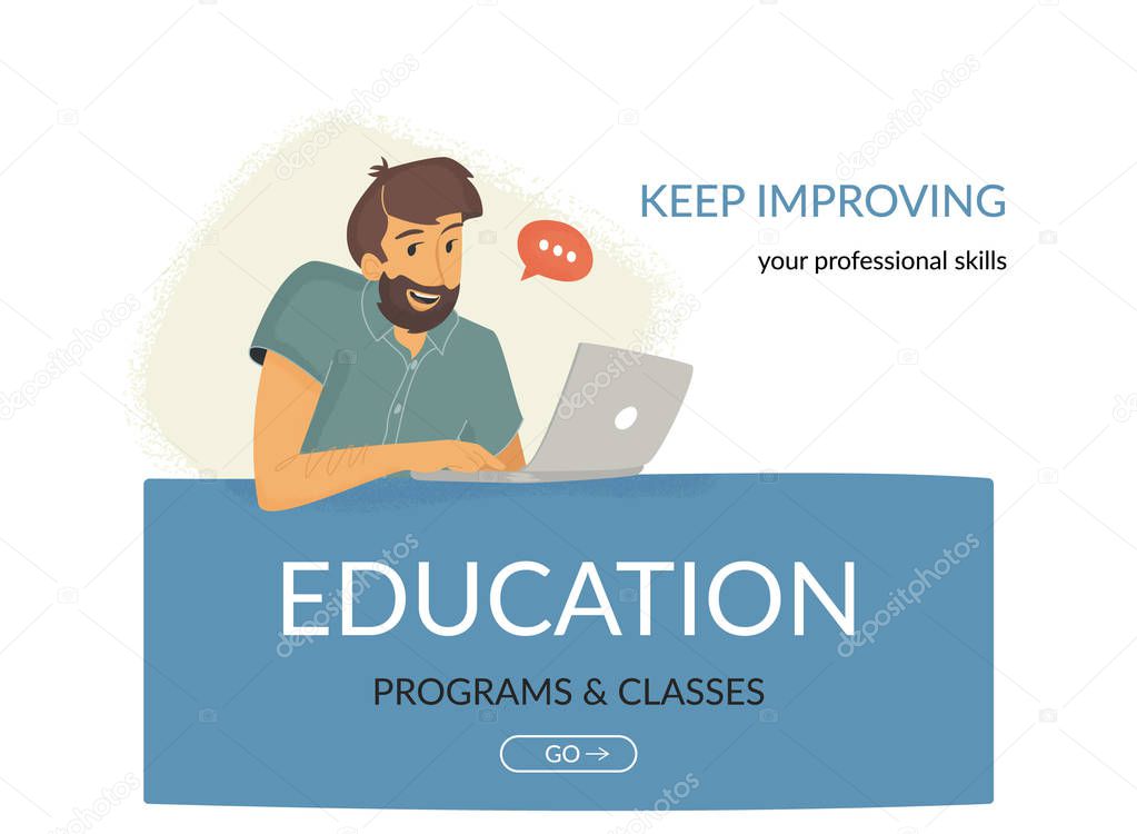 Education programs and classes. Man sitting on banner with laptop and enrolling in coding or financial courses