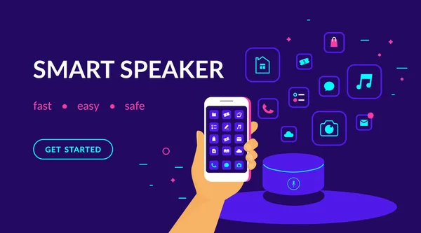 Έξυπνη ομιλητής, φωνητική εντολή συσκευή συνδεδεμένη σε smartphone και χρήσιμες εφαρμογές — Διανυσματικό Αρχείο