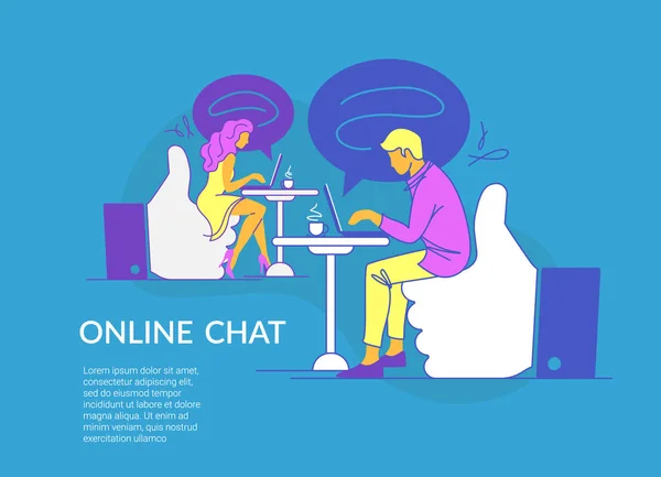 Online chat-sessie concept vectorillustratie van jonge paar zittend op duimen omhoog symbolen en gebruik van laptop messenger — Stockvector