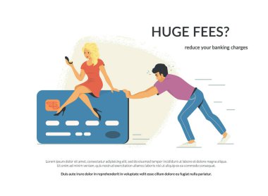 Büyük ücretler ve banka ücretleri. Genç adam ileri büyük kredi kartı üzerinde oturan karısını bastırıyor