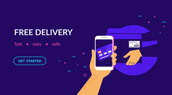 Entrega gratuita para os clientes como pagar com cartão de crédito via aplicativo móvel — Vetor de Stock