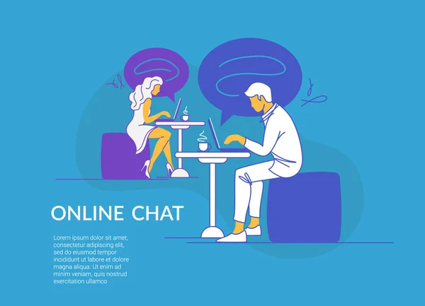 Online chat concept vector illustration of young couple sitting at the tables in cafe and using laptop messenger — Stock Vector