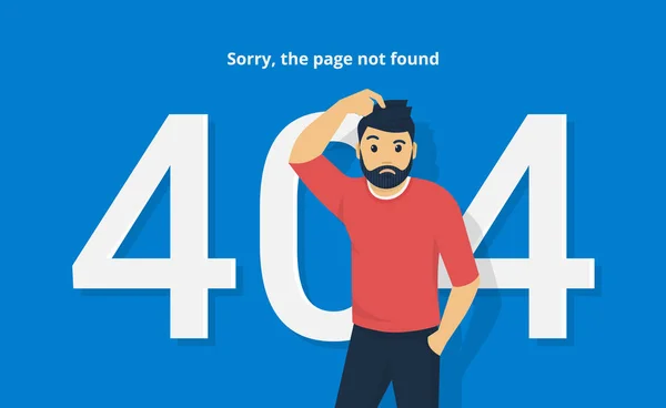 シンボルが見つかりませんページ近くに立っている残念な人の 404 エラーの概念ベクトル イラスト フラットはウェブサイトの問題を説明するテキストと青の背景に男と白の文字 404 を混同 — ストックベクタ