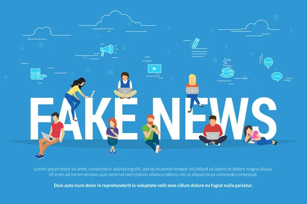 Fake News und Informationsfabrikationskonzept flache Vektor-Illustration von jungen Menschen beim Lesen von Fake News — Stockvektor