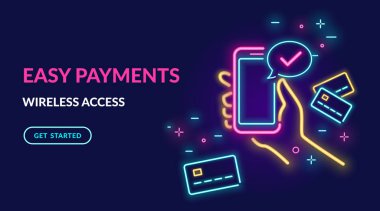 Neon tabela ile ödeme, kredi kartı elektronik cüzdan üzerinden kablosuz olarak ve kolay. Parlak vektör neon ışık şekil