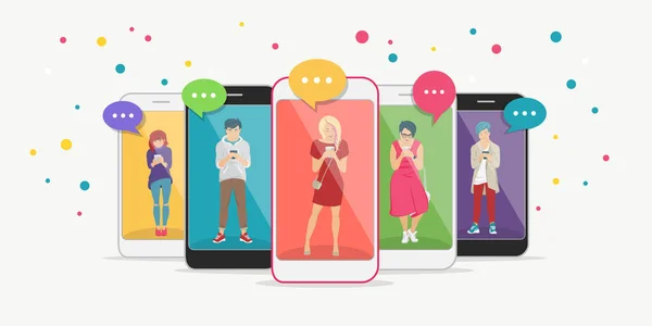 Smart phone addiction concept illustrazione vettoriale piatta di adolescenti all'interno degli smartphone mobili con bolle vocali di chat — Vettoriale Stock