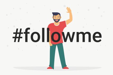 Hashtag instagood kavramı düz vektör çizim gülümseyen ve her iki el başparmak telafi mutlu adam