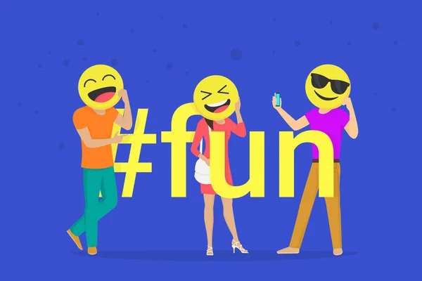 Hashtag divertido conceito plana vetor ilustração de emoji sorrindo cabeças —  Vetores de Stock