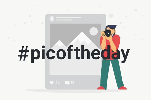 Hashtag Bild des Tages Konzept Flat Vector Illustration des Fotografen, der ein Foto mit slr Kamera — Stockvektor