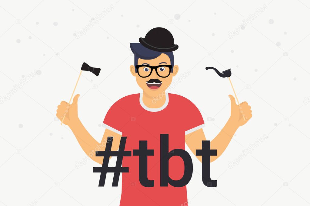 Hashtag tbt concept flat vector illustration of happy guy with photo booth elements such as mustache, glasses and black hat
