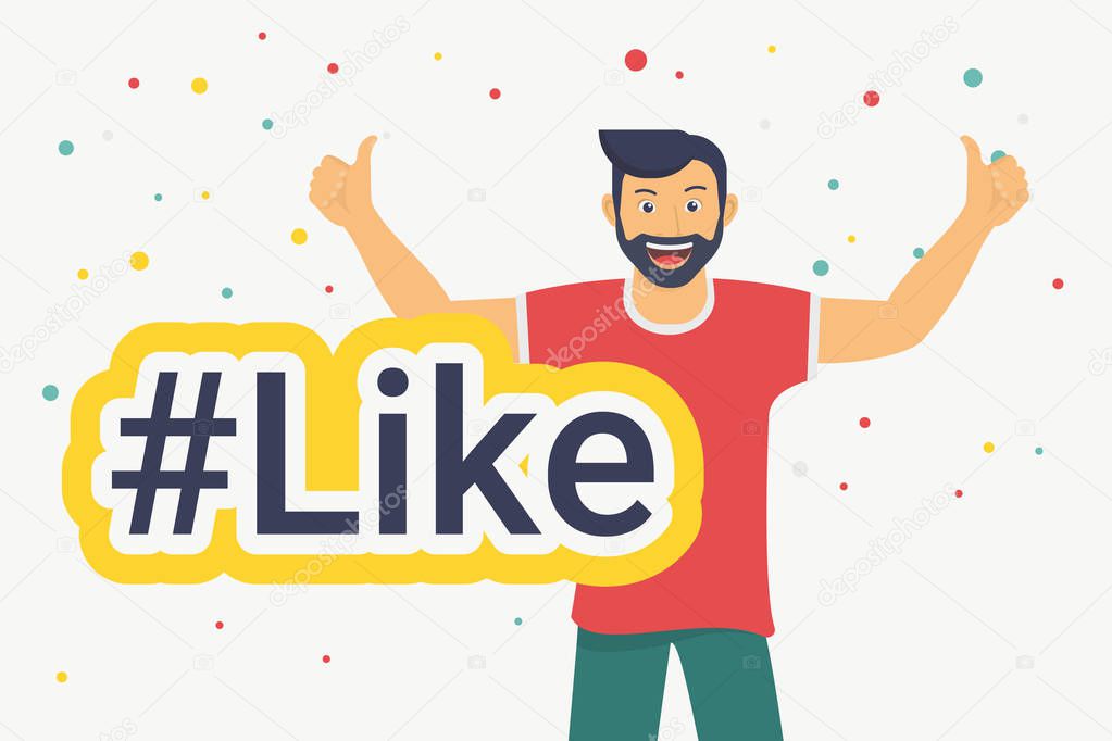 Hashtag like concept flat vector illustration of happy guy smiling and making thumbs up with both hands