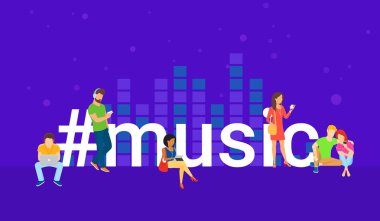 Müzik ekolayzer konsept illüstrasyon müzik ve rahatlatıcı kadın ve genç erkek