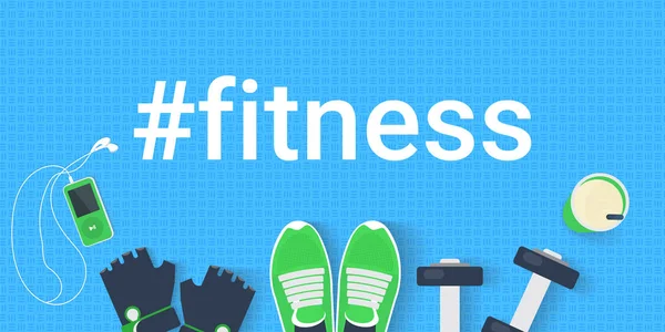 Hashtag Fitness-Konzept Flat Vector Illustration motivierter Banner mit realistischen Sportelementen — Stockvektor