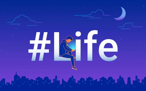 Hashtag life gradient concept Vektor Illustration eines jungen Mannes mit Smartphone sitzt auf Buchstaben Leben — Stockvektor