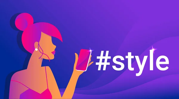 Hashtag stijl concept kleurovergang vectorillustratie van sensuele roodharige vrouw met behulp van mobiele smartphone — Stockvector