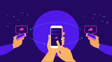 Akıllı telefonlar ve itme düğmesini repost Repost ve pay kavramı düz vektör çizim insan eli tutun