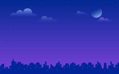 Gece şehir manzara vektör degrade çizim parlak ay ve mor Gökyüzündeki yıldızlar