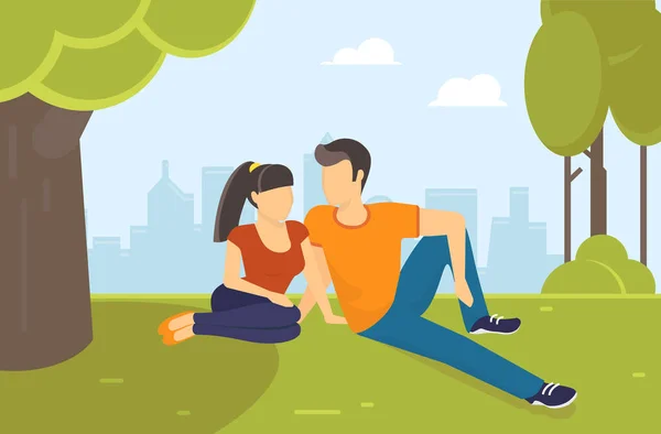Resting couple flat vector concept illustration of young teenage couple sitting in the park on grass and talking — Stock Vector