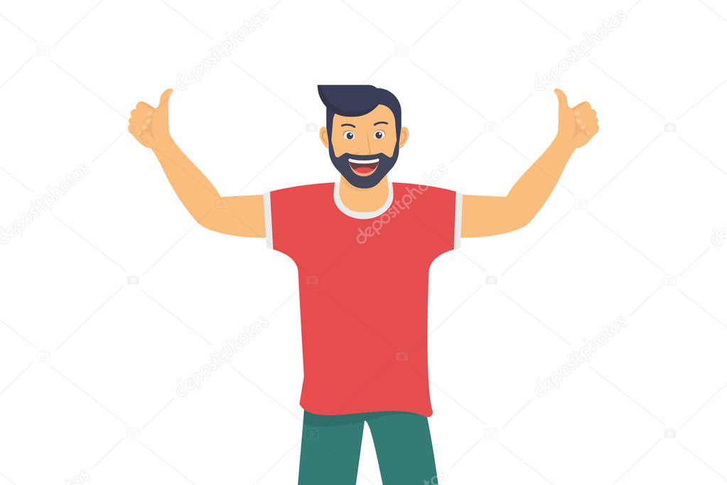 Happy guy smiling and making thumbs up with both hands
