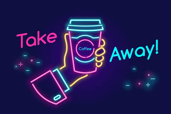 Weg te nemen en koffie gaan drinken onderweg in neon licht stijl op donkere achtergrond — Stockvector