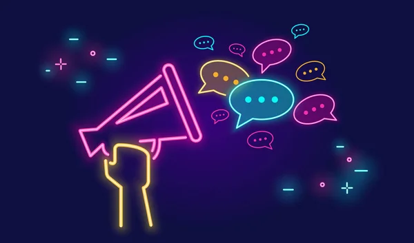 Megaphone criant avec la bannière de bulles de parole pour les réseaux sociaux dans le style de lumière au néon sur fond sombre — Image vectorielle